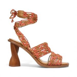 Sam Edelman Haleigh Macramé Ankle Wrap Heels 8.5 Coral Tan Square Toe NWOT